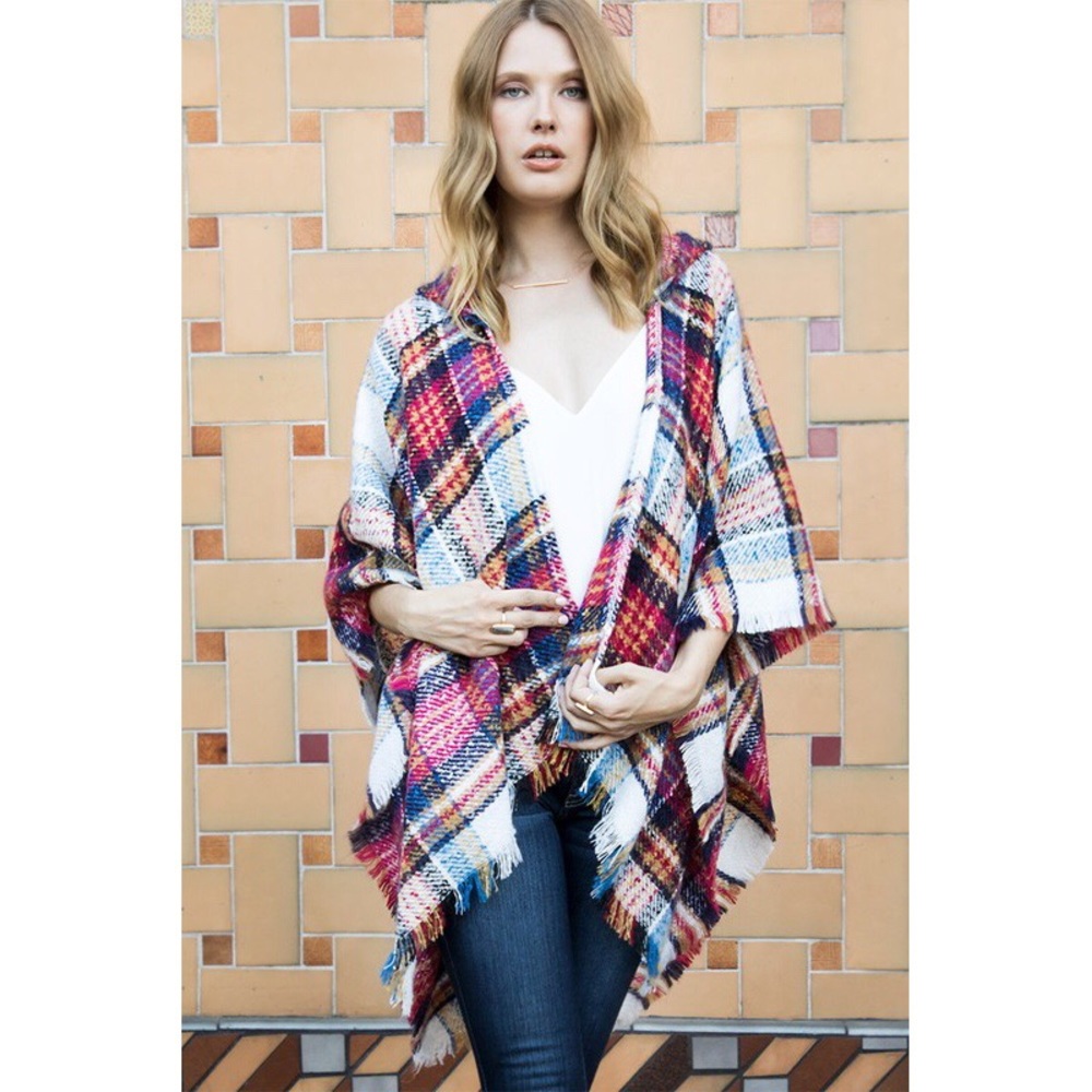 Gracelyn Magenta Hooded Plaid Kimono Top - Picture 4 of 8